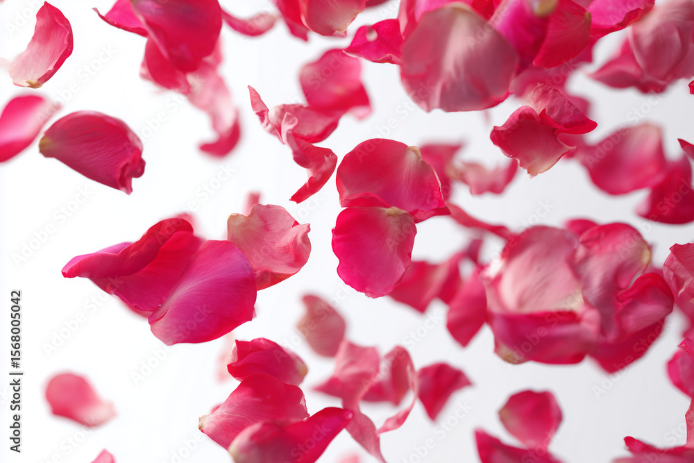 Rose petals on a white background. Falling rose petals. Rose petals on a white background. Falling rose petals.