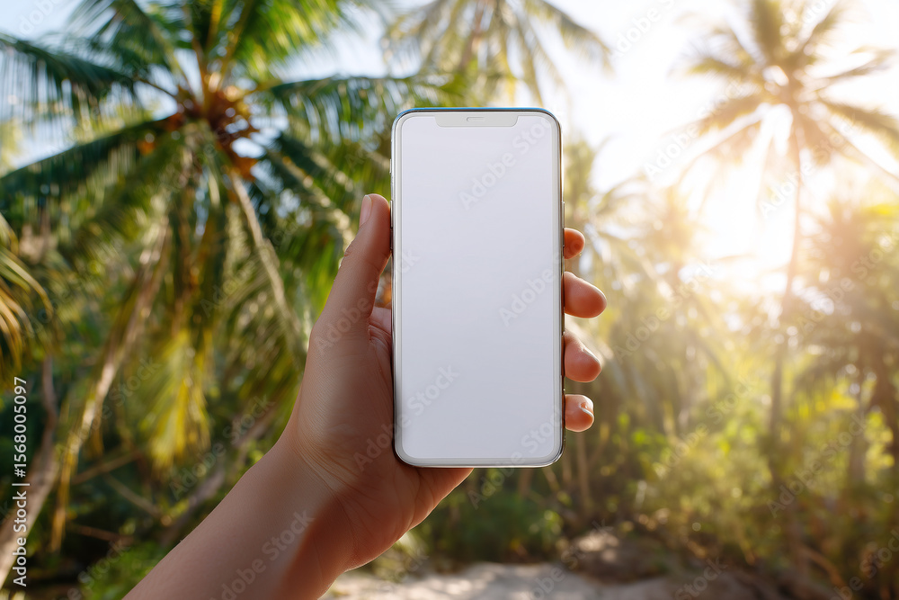 Naklejka premium Hand with cell phone in hand against ocean background. Phone with white screen on tropical background. Phone advertisement on the background of the sea.