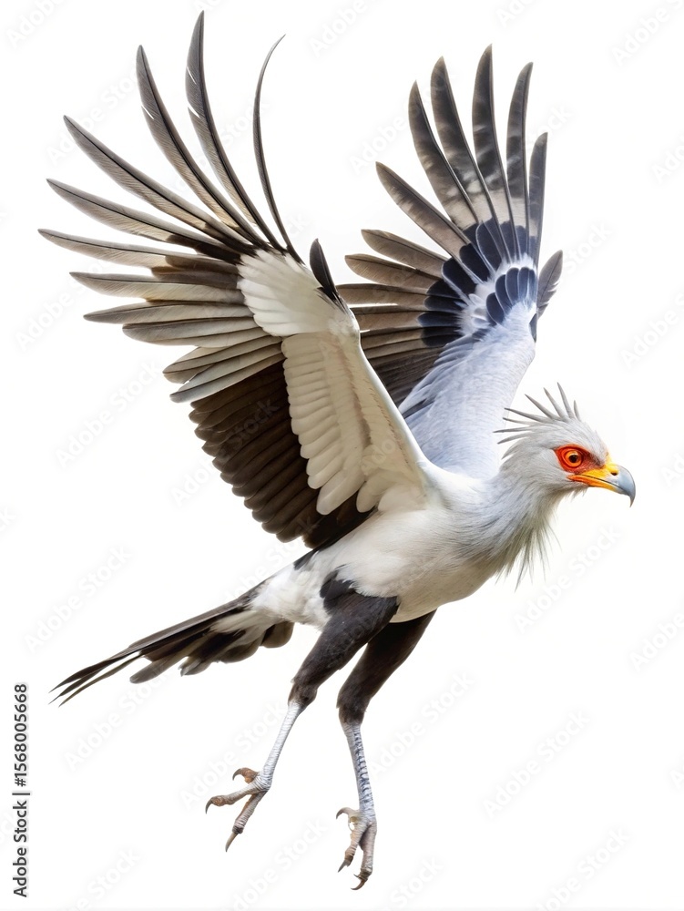 Fototapeta premium Secretary Bird in Flight against a Pure White Background with Wings Extended