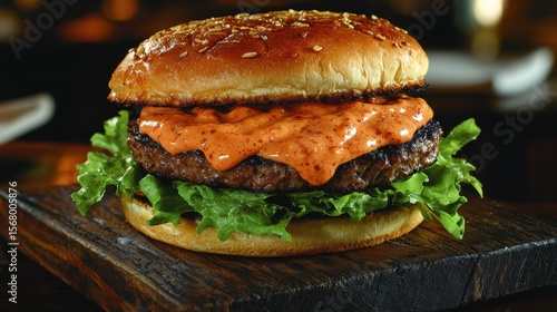 Artisanal burger with chipotle mayo flowing over perfectly cooked beef patty and leafy lettuce on golden brioche bun