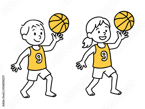 Energetic Boy And Girl Playing Basketball in Yellow Jersey. Child Athlete, Cheerful Sporty Kid, Youth Sport, Active Sports Moment for Kids Vector Illustration