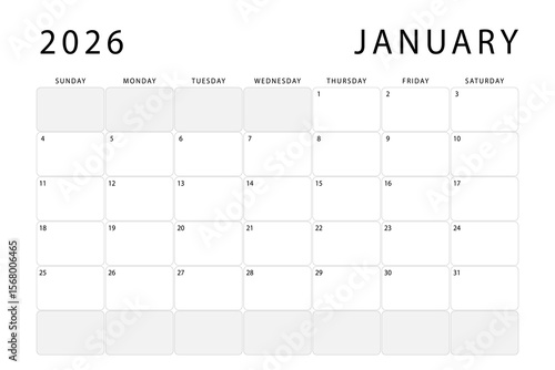 January 2026 calendar. Monthly planner template. Sunday start. Vector design