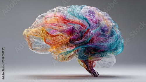 An artistic rendering of a human brain with colorful, flowing neural pathways, illustrating complex cognitive processes and mental activity.