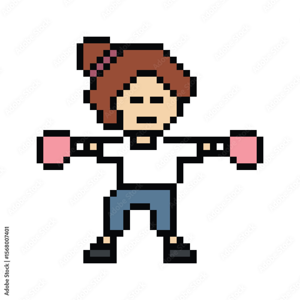 Fototapeta premium Cartoon cute pixel character woman exercises training boxing pugilism punch lifestyle decor life style 8 bit female lady boxing fisticuffs gym game 8bit fitness isolated PNG vector.