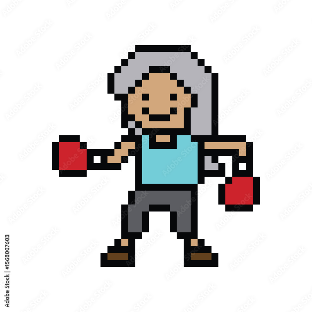 Obraz premium Cartoon cute pixel character woman exercises training boxing pugilism punch lifestyle decor life style 8 bit female lady boxing fisticuffs gym game 8bit fitness isolated PNG vector.