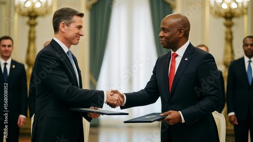 Two Men in Dark Suits Shaking Hands Holding Documents Indoor Formal Setting with Gold Trim Columns and Large Window