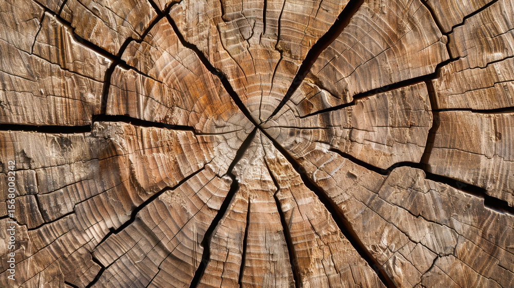 Fototapeta premium Aged tree stump slice with intricate grain patterns and visible cracks, showcasing beauty of natural wood textures and passage of time