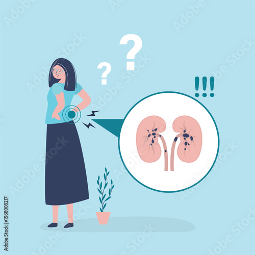 Unhappy woman have kidney pain on back. It’s felt in your sides, back, belly or groin. Kidney pain can be caused by stones. Medical concept of diseased urinary system.