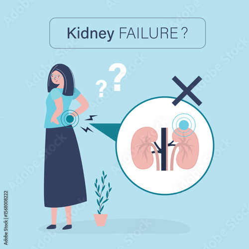 Unhappy woman have kidney pain on back. It’s felt in your sides, back, belly or groin. Kidney pain can be caused by stones. Medical concept of diseased urinary system.
