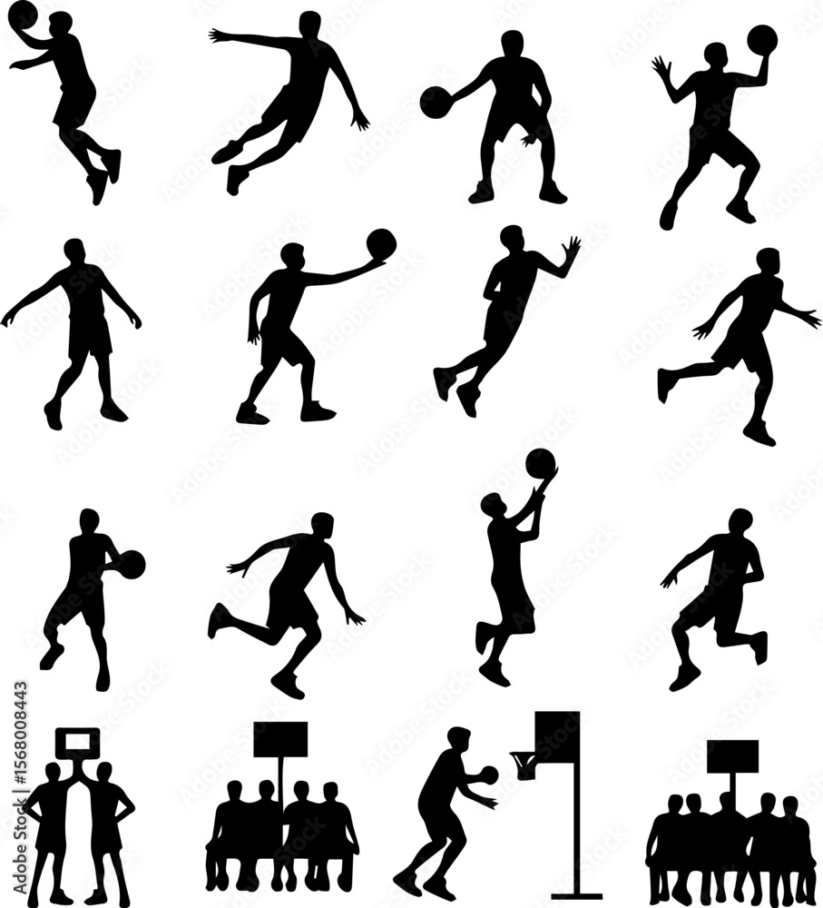 Basketball Silhouettes Set 14 Court Action Vector Icons Basketball Silhouettes Set 14 Court Action Vector Icons