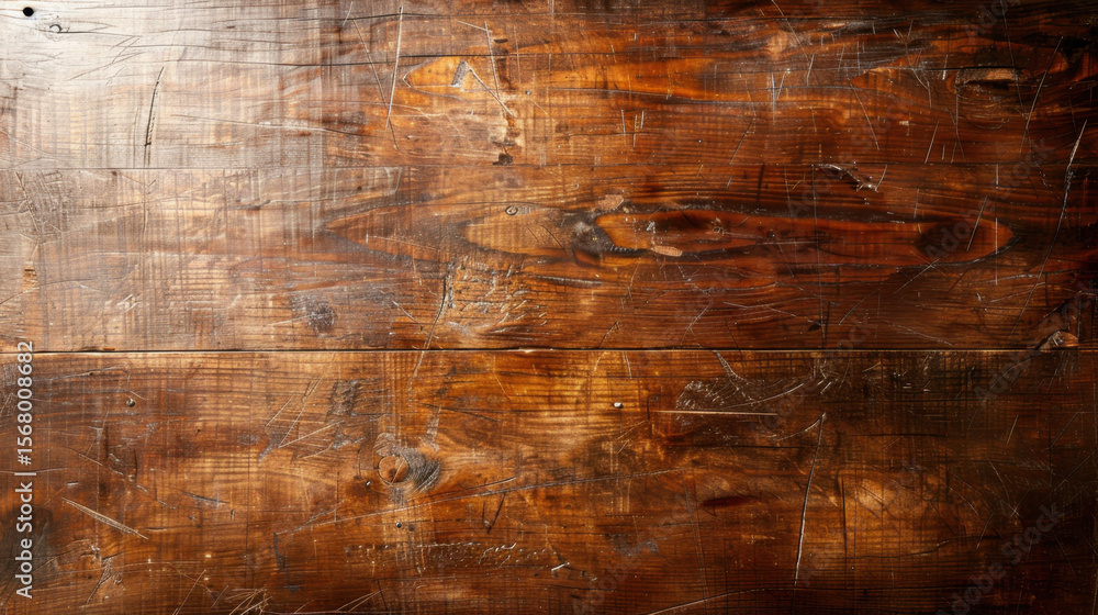 Fototapeta premium Antique wood surface with faded polish, showcasing rich brown tones and unique textures. surface features scratches and marks, adding character and history to material