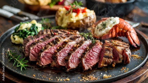 Holiday steak dinner with sliced medium-rare beef served alongside lobster tail and roasted vegetables on dark cast iron plate