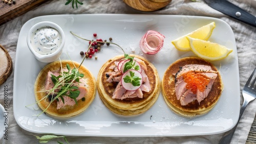 Wallpaper Mural Smoked trout rillette elegantly served on three golden blini pancakes with microgreens, radish slices, and salmon roe garnishes on white ceramic platter Torontodigital.ca