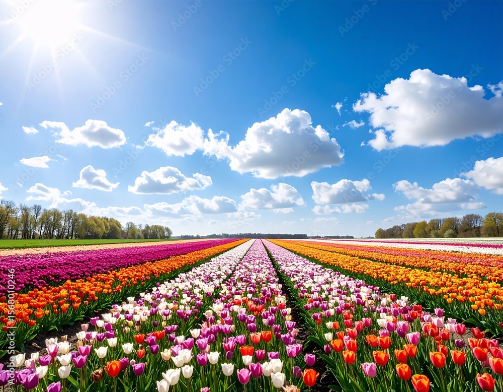 Vibrant Rows of Colorful Tulips Blooming Under a Sunny Spring Sky Vibrant Rows of Colorful Tulips Blooming Under a Sunny Spring Sky