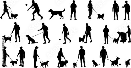 People playing with dog various collection set vector silhouette.
