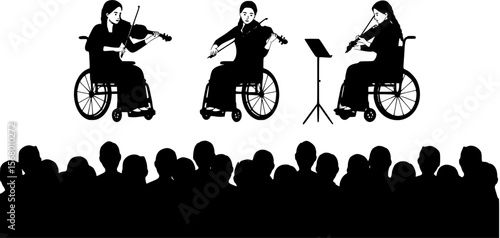 Female violist on wheelchair playing violin in front of audience a group people silhouettes.
