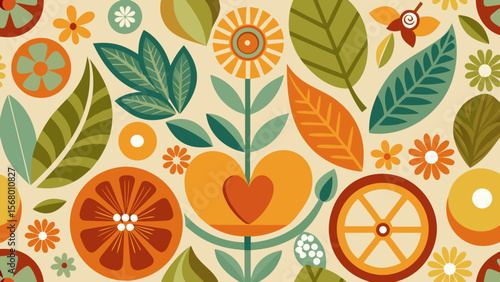 Retro floral and fruit pattern with a heart motif art