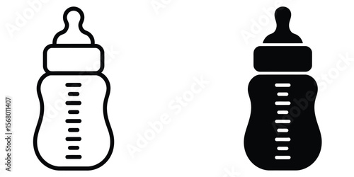 A simple black and white icon illustration of a baby bottle