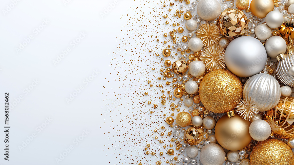 Festive arrangement of gold and silver ornaments for celebration Festive arrangement of gold and silver ornaments for celebration