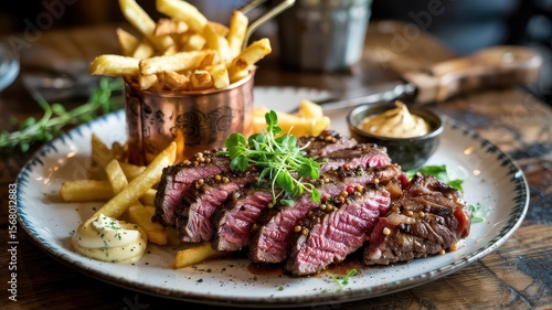 Bistro steak frites with sliced medium-rare beef steak and golden french fries in copper pot, garnished with microgreens and served with creamy sauce