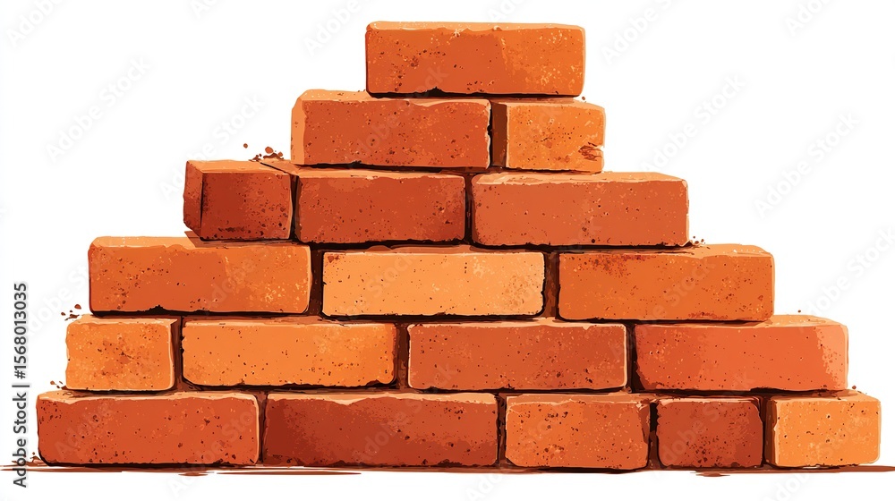 Obraz premium Pyramid shape formed by orange-red bricks, stacked in rows on a white background