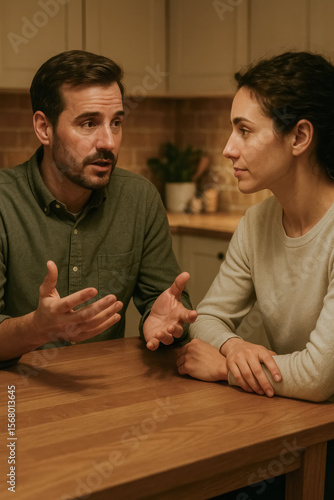 Concerned couple discuss relationship at warm kitchen table, man gesturing as woman listens intently under evening lights, generative AI