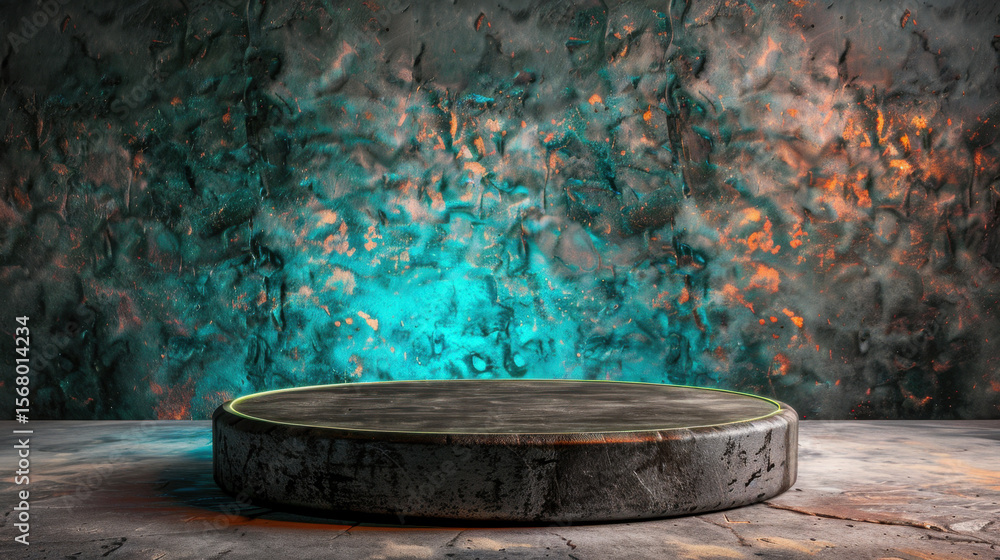 Fototapeta premium Circular industrial podium platform with textured steel surface, illuminated by vibrant LED strips, set against colorful, abstract wall. scene conveys modern and artistic atmosphere