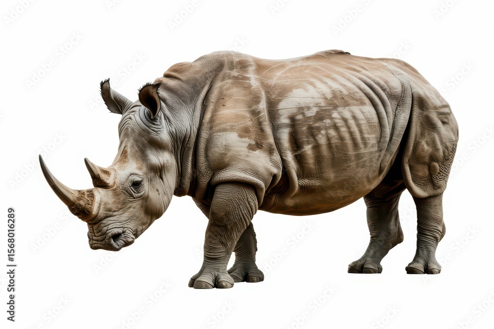 Fauna of the African savanna, endangered species and large mammals concept theme with an adult rhino isolated on white background with a clipping path cut out isolated, white background Fauna of the African savanna, endangered species and large mammals concept theme with an adult rhino isolated on white background with a clipping path cut out isolated, white background