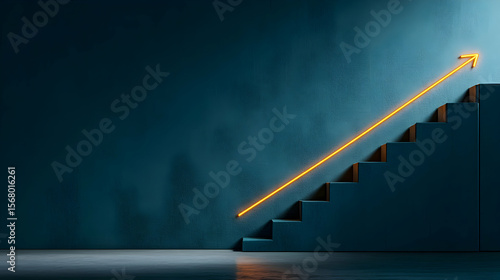 Glowing neon arrow symbolizes growth teal steps against a dark blue wall.