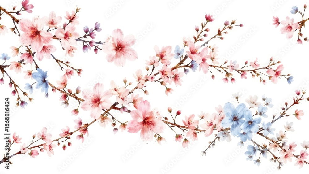 Fototapeta premium Seamless Floral Pattern, Watercolor Pink and Blue Flowers