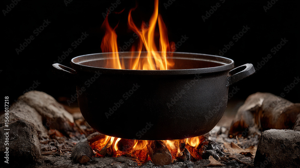 Black pot cooking fire overhead flame rustic outdoor empty dramatic survival Black pot cooking fire overhead flame rustic outdoor empty dramatic survival