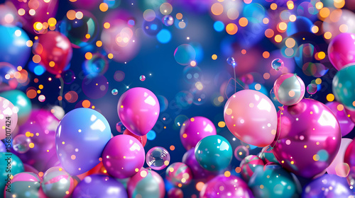 A vibrant image showcasing a cluster colorful balloons floating amidst sparkling lights bubbles a dark blue background.