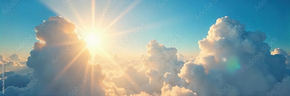 Fototapeta premium Golden sun rays bursting through fluffy clouds, illuminating a vibrant, clear blue sky A breathtaking natural light scene perfect for backgrounds or design elements , light, clouds, hope