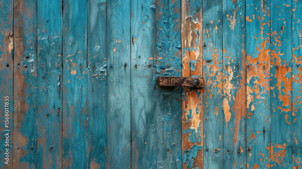 Weathered and textured wooden door showcases vibrant blue and orange color palette, with peeling paint and rustic lock, evoking sense of history and charm Weathered and textured wooden door showcases vibrant blue and orange color palette, with peeling paint and rustic lock, evoking sense of history and charm
