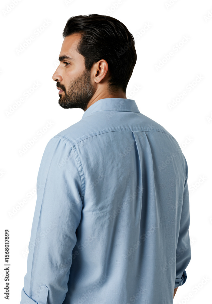 Fototapeta premium Side profile of a handsome bearded man in a light blue shirt. Rear view of a young adult male model isolated on a transparent background.