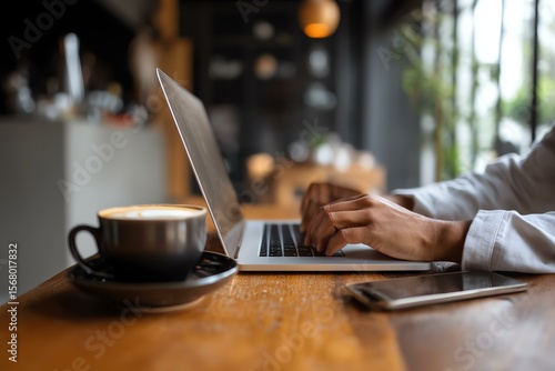 Remote working aesthetic photography, Hands typing on laptop with coffee in cozy cafe, remote work and freelance lifestyle concept, freelancer hands typing with coffee