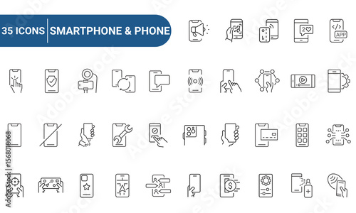 Smartphone and Phone Web Icons Set in Line or outline Style related to Smartphone and Phone. Icons For Web and Mobile Apps. Linear icons collection. Editable strokes. Vector illustration.