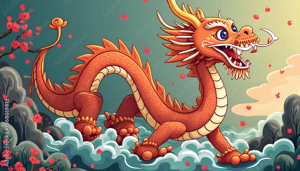 Obraz premium Cartoon Dragon Walking Amongst Clouds and Flowers