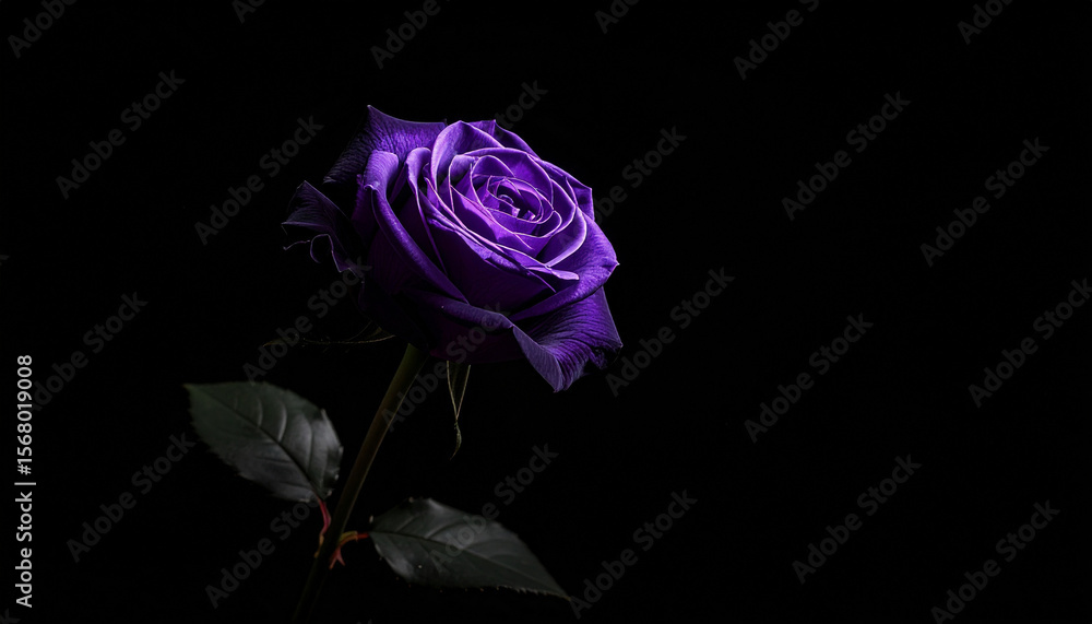 Fototapeta premium 闇に咲く一輪の紫薔薇 − スポットライトに浮かぶ静寂の美 A Single Purple Rose in the Dark – Silent Elegance Under the Spotlight