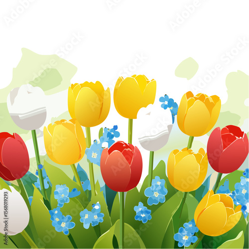 Colorful Tulips and Forget-Me-Nots in a Spring Garden Illustration