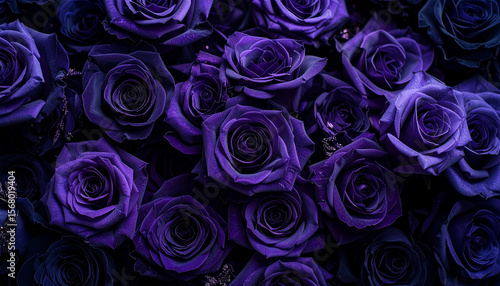 Fototapeta Naklejka Na Ścianę i Meble -  上品な紫のバラが彩るダークフローラル背景 − ドライフラワー調の落ち着いた高級感薔薇
Elegant Purple Roses on Dark Floral Background – Sophisticated Dried Flower-Inspired Luxury Texture