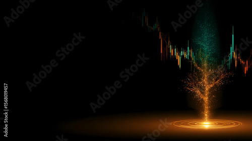 Abstract image depicting a glowing golden tree stock market candlestick charts forming its branches, symbolizing growth investment.