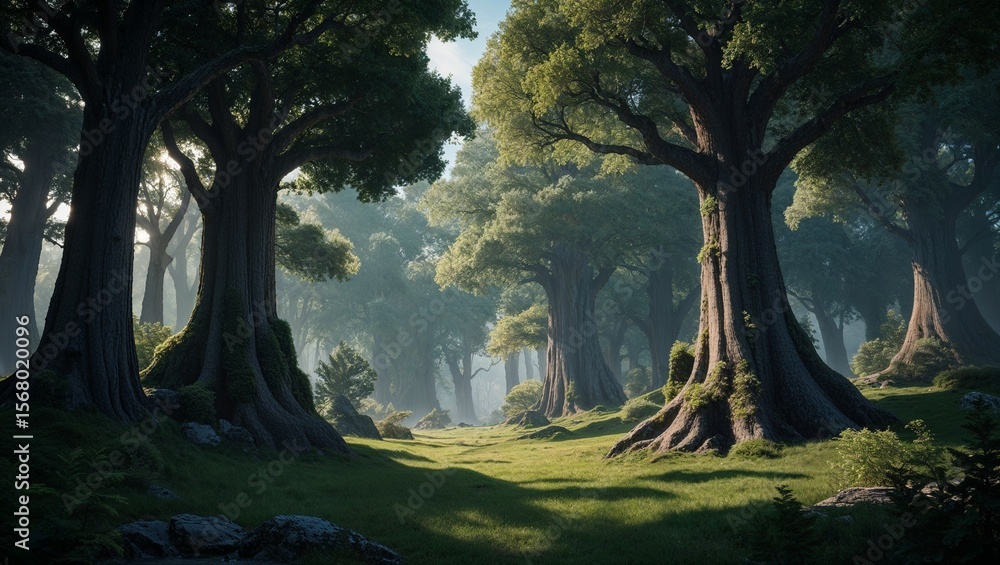 Naklejka premium A stunning forest scene filled with tall, green trees.
