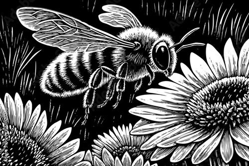 A detailed honeybee hovering over a sunflower, perfect for nature education, eco-branding, or food industry designs vector a black and white line art illustration