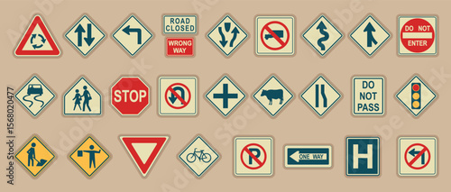 Retro traffic sign collection on beige background. The vector includes a variety of regulatory, warning and informational road signs with bold stylized graphics.