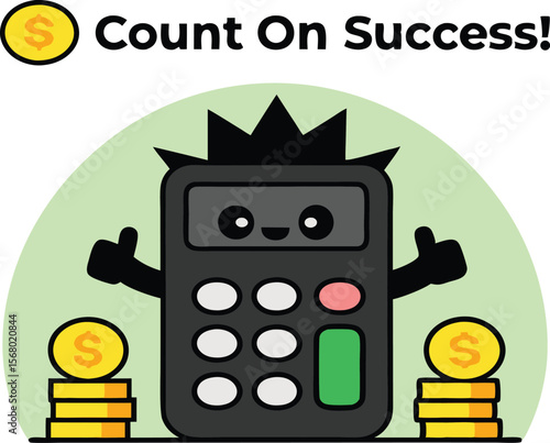 Cute calculator character counts money on the way to success silhouette black vector illustration