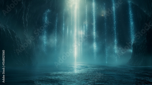  mystical cave, cosmic waterfall, glowing light, blue ethereal, fantasy background, alien cave, surreal water, sci-fi scenery, otherworldly glow, celestial mist, dreamlike atmosphere, spiritual energy