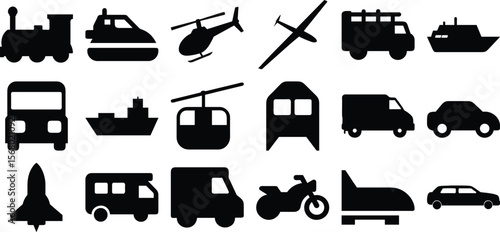 Transport icon collection featuring car, van, helicopter, boat, rocket, bus, cable car, train, motorcycle, glider. vector illustration