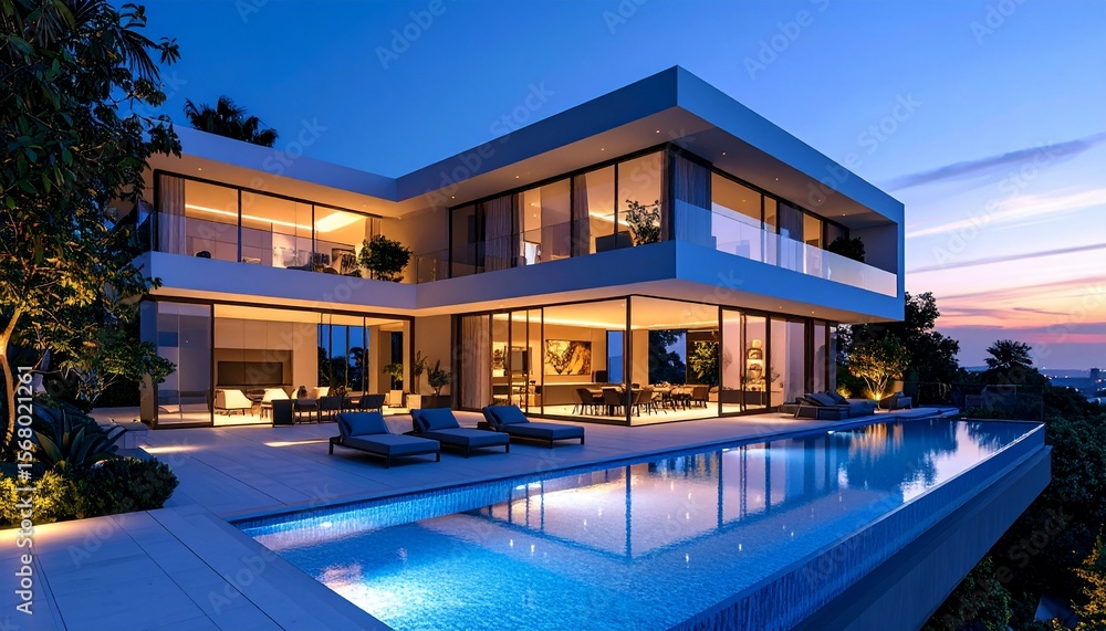 Obraz premium Luxury Modern Villa at Dusk: Infinity Pool and Breathtaking Views