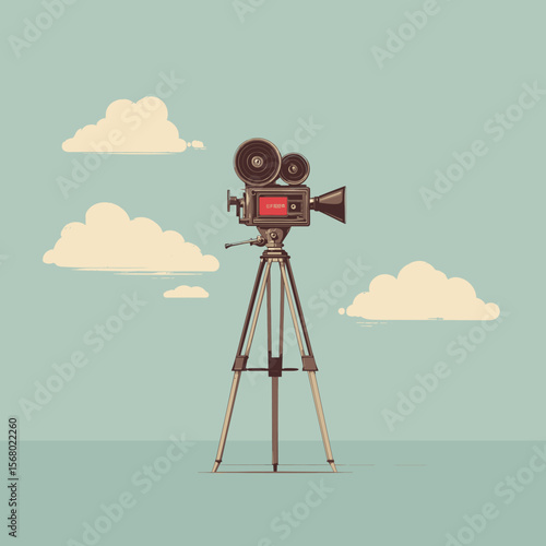 Minimal vintage-style illustration of a retro film camera on tripod outdoors with sky and clouds, symbolizing filmmaking and creativity